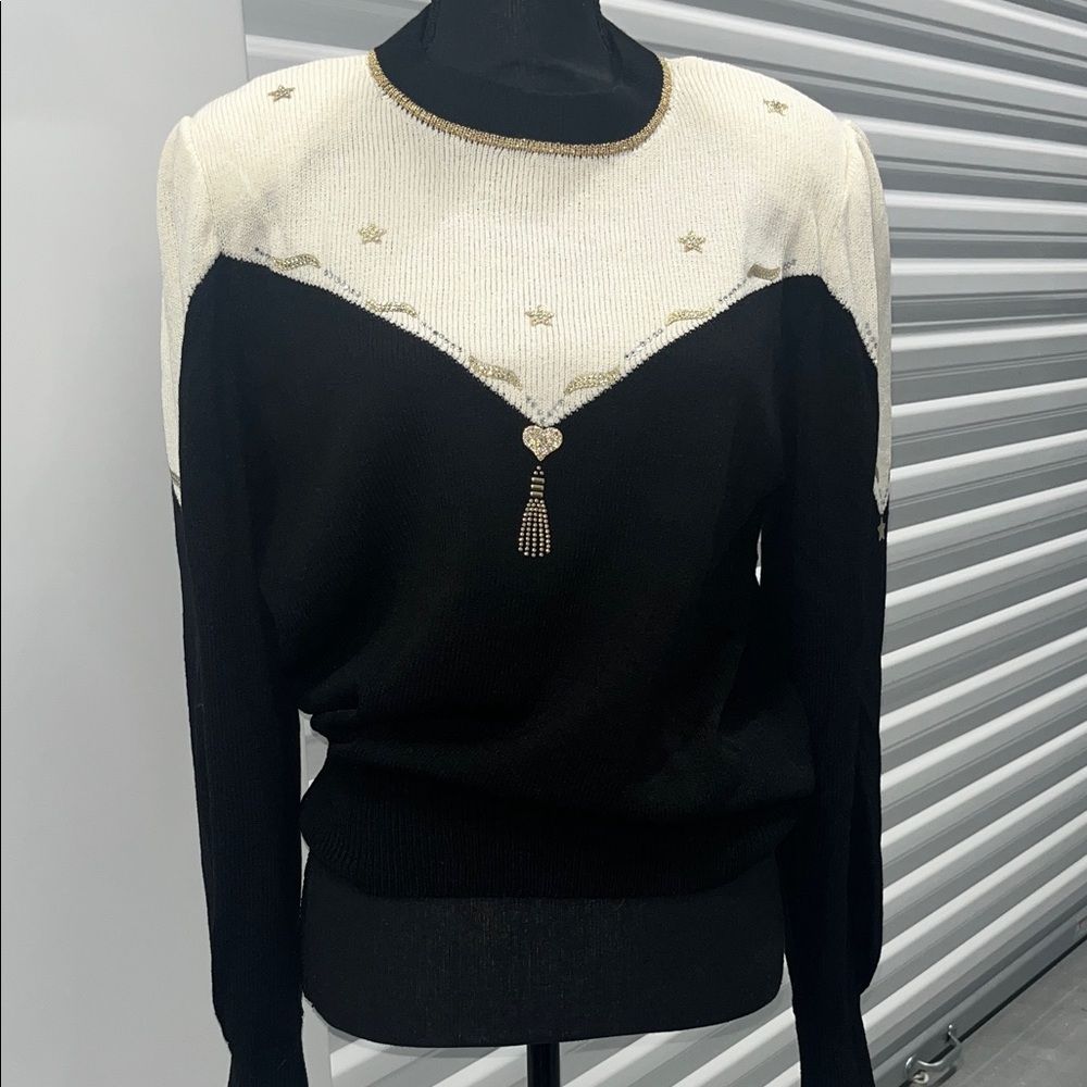 Vintage Black and White Sweater with Gold Accents Toula size 14